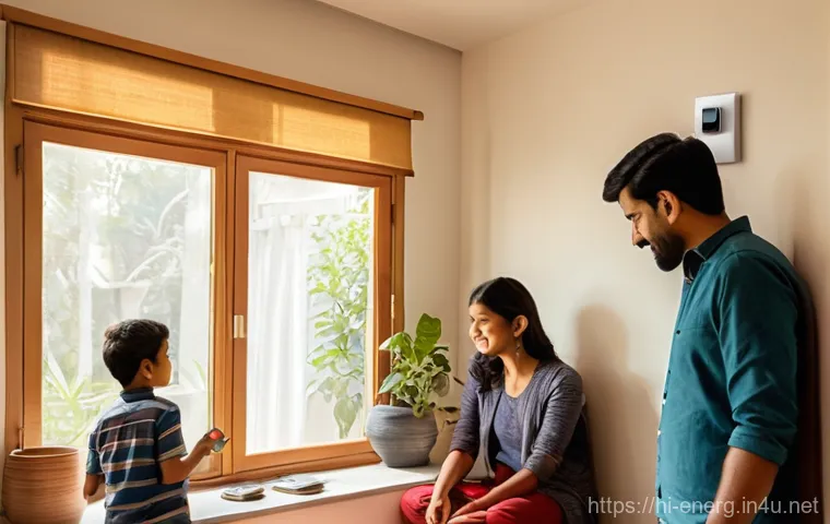 에너지 절약 기술의 경제적 효과 - **Prompt:** A cozy, brightly lit living room in a modern Indian home during the daytime. A family, i...