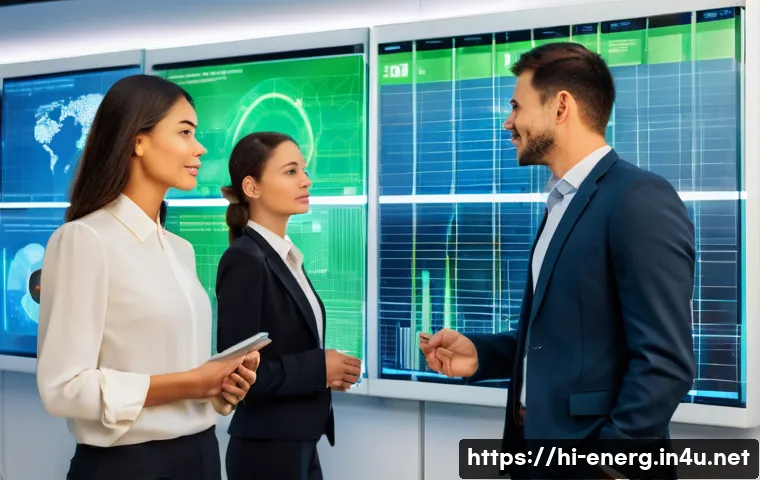에너지관리 직업군 연봉 협상 팁 - **Prompt 1: Confident Energy Professional Presenting Innovations**
"A diverse group of three pro...