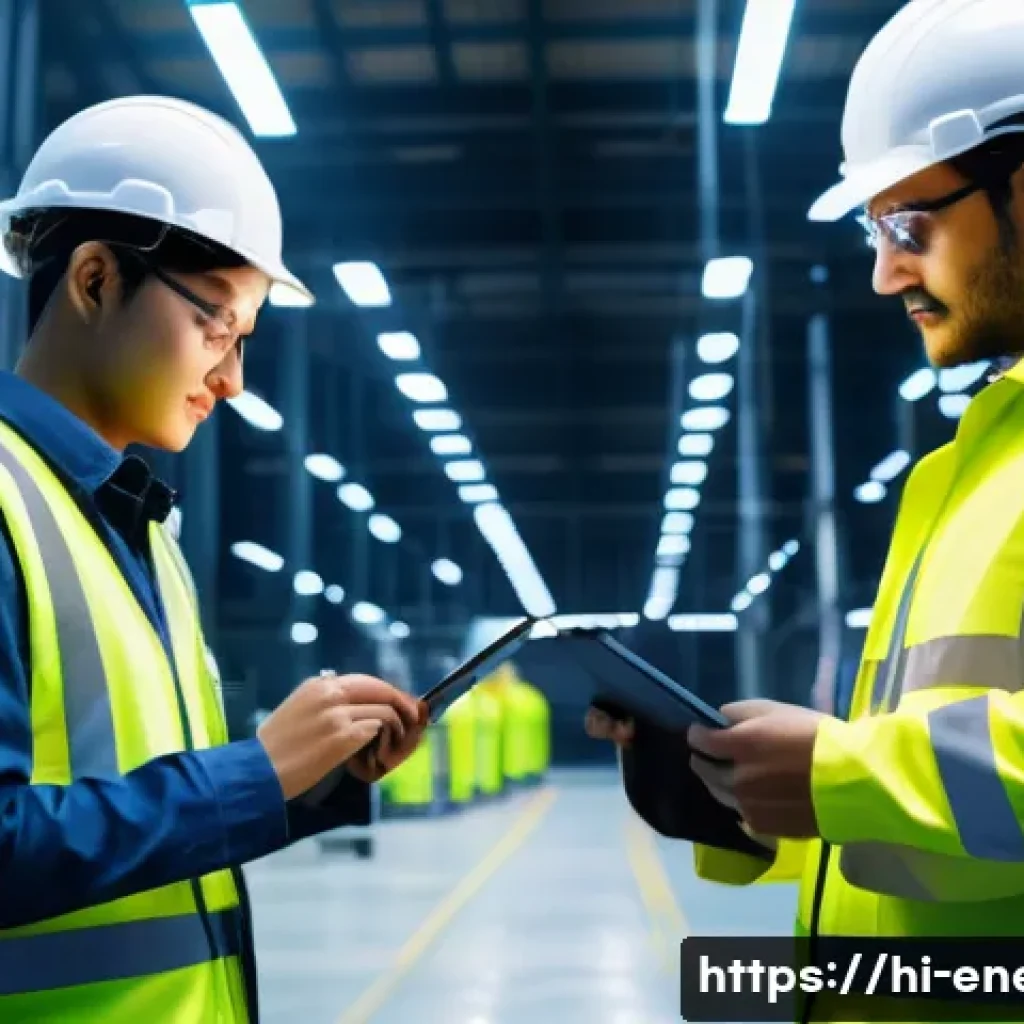 에너지관리 자격증 필기 중점 과목 - A modern industrial factory interior with energy-efficient LED lighting, advanced IE3 electric motor...