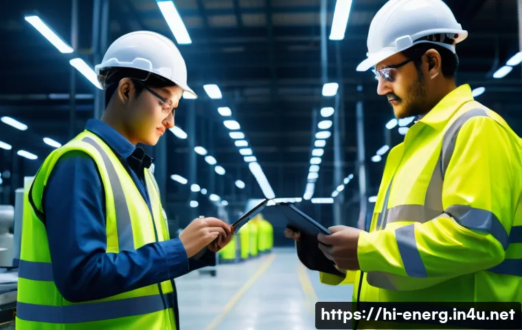 에너지관리 자격증 필기 중점 과목 - A modern industrial factory interior with energy-efficient LED lighting, advanced IE3 electric motor...