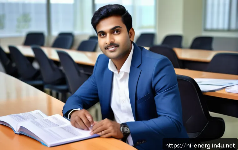 에너지관리 자격증 난이도 평가 - A professional Indian male candidate sitting in a modern exam hall focused on an Energy Management C...