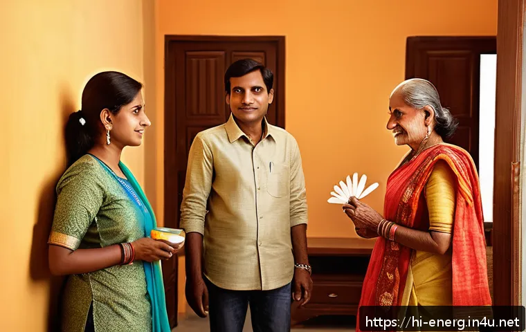 에너지 절약 캠페인 사례 분석 - A vibrant family scene in a modern Indian household practicing energy-saving habits: members turning...