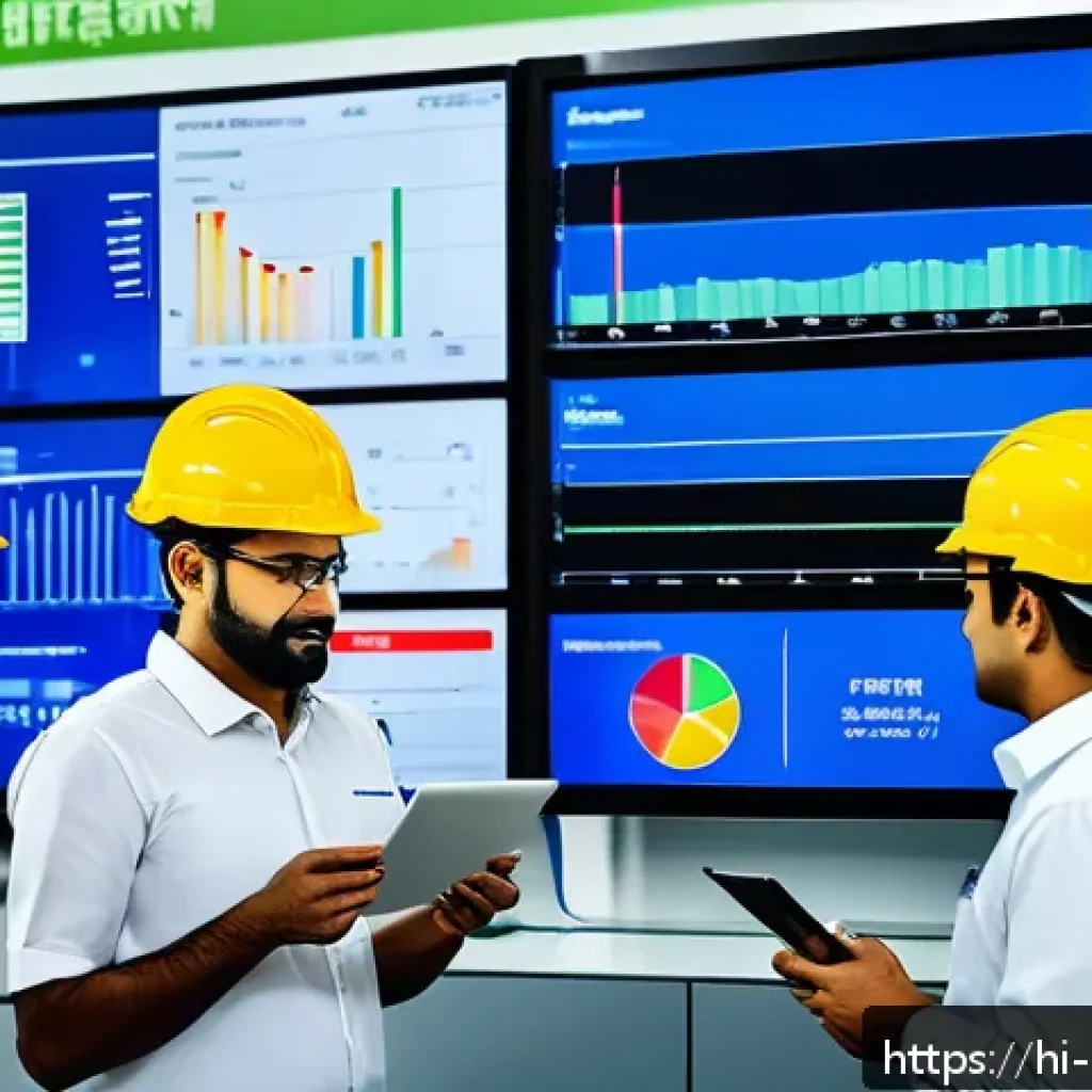 에너지관리 자격증 공부에 필요한 자료들 - A modern industrial factory interior focused on energy management, showing engineers wearing safety ...
