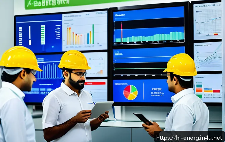 에너지관리 자격증 공부에 필요한 자료들 - A modern industrial factory interior focused on energy management, showing engineers wearing safety ...