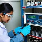 Home 23 에너지관리 실기시험 필수 장비 소개 - A detailed laboratory scene showing a Hindi-speaking student wearing safety goggles and insulated gl...