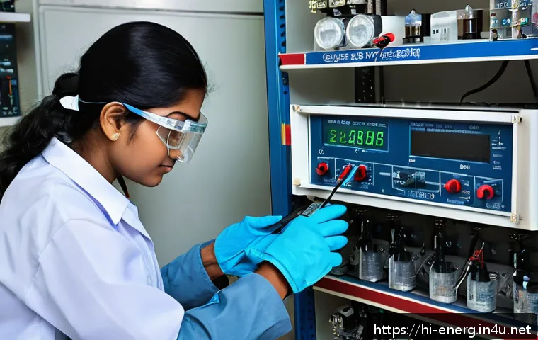 에너지관리 실기시험 필수 장비 소개 - A detailed laboratory scene showing a Hindi-speaking student wearing safety goggles and insulated gl...